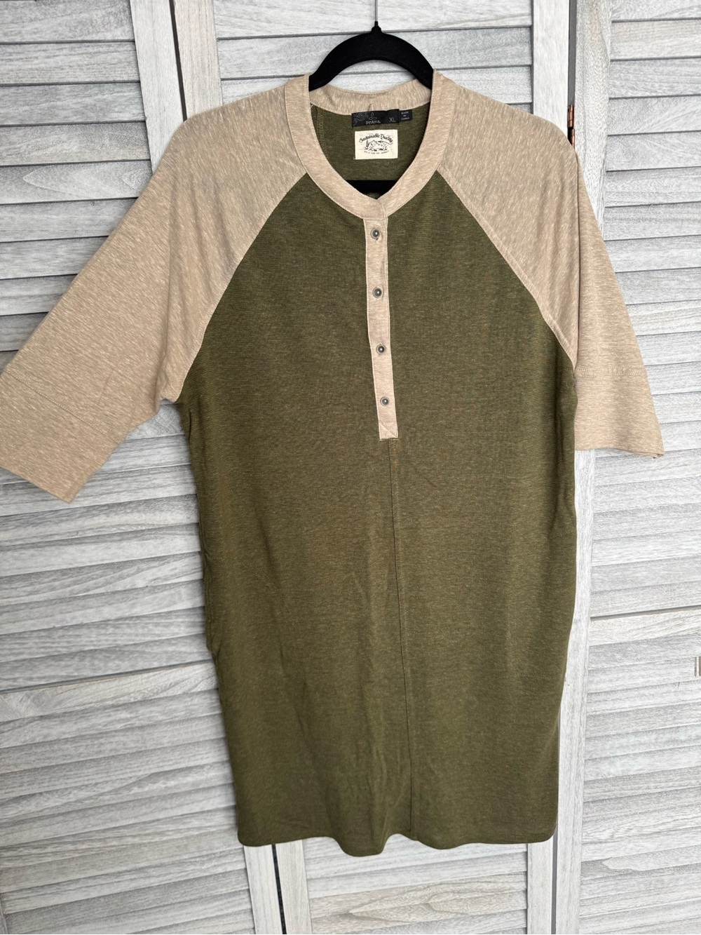 Prana Henley Cozy Up Hemp Blend Tshirt Tunic Dress - Olive & Beige - XL